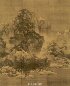 ​北宋范宽《雪景寒林图》描绘北方壮美的雪山景色。画中雪峰屏立