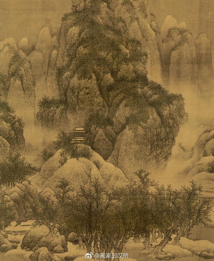 北宋范宽《雪景寒林图》描绘北方壮美的雪山景色。画中雪峰屏立