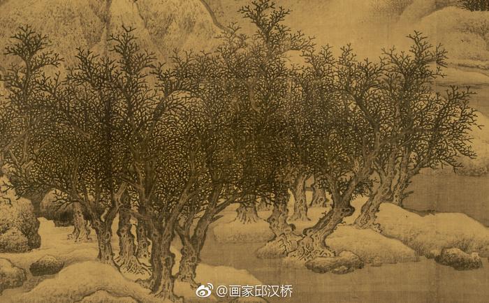 北宋范宽《雪景寒林图》描绘北方壮美的雪山景色。画中雪峰屏立