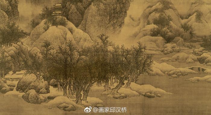 北宋范宽《雪景寒林图》描绘北方壮美的雪山景色。画中雪峰屏立