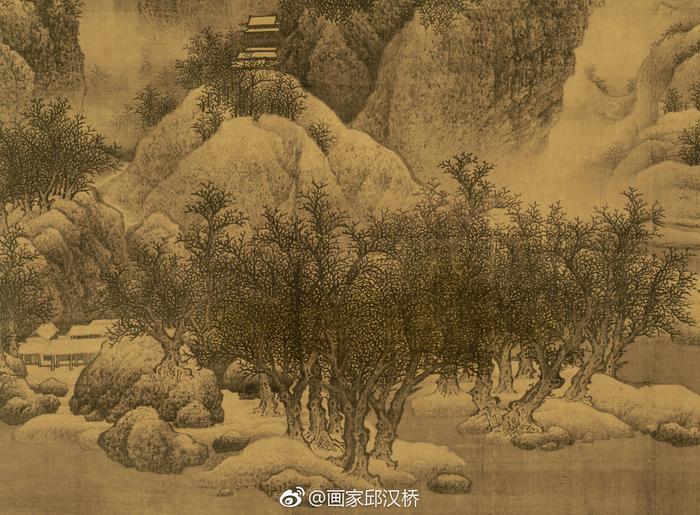 北宋范宽《雪景寒林图》描绘北方壮美的雪山景色。画中雪峰屏立